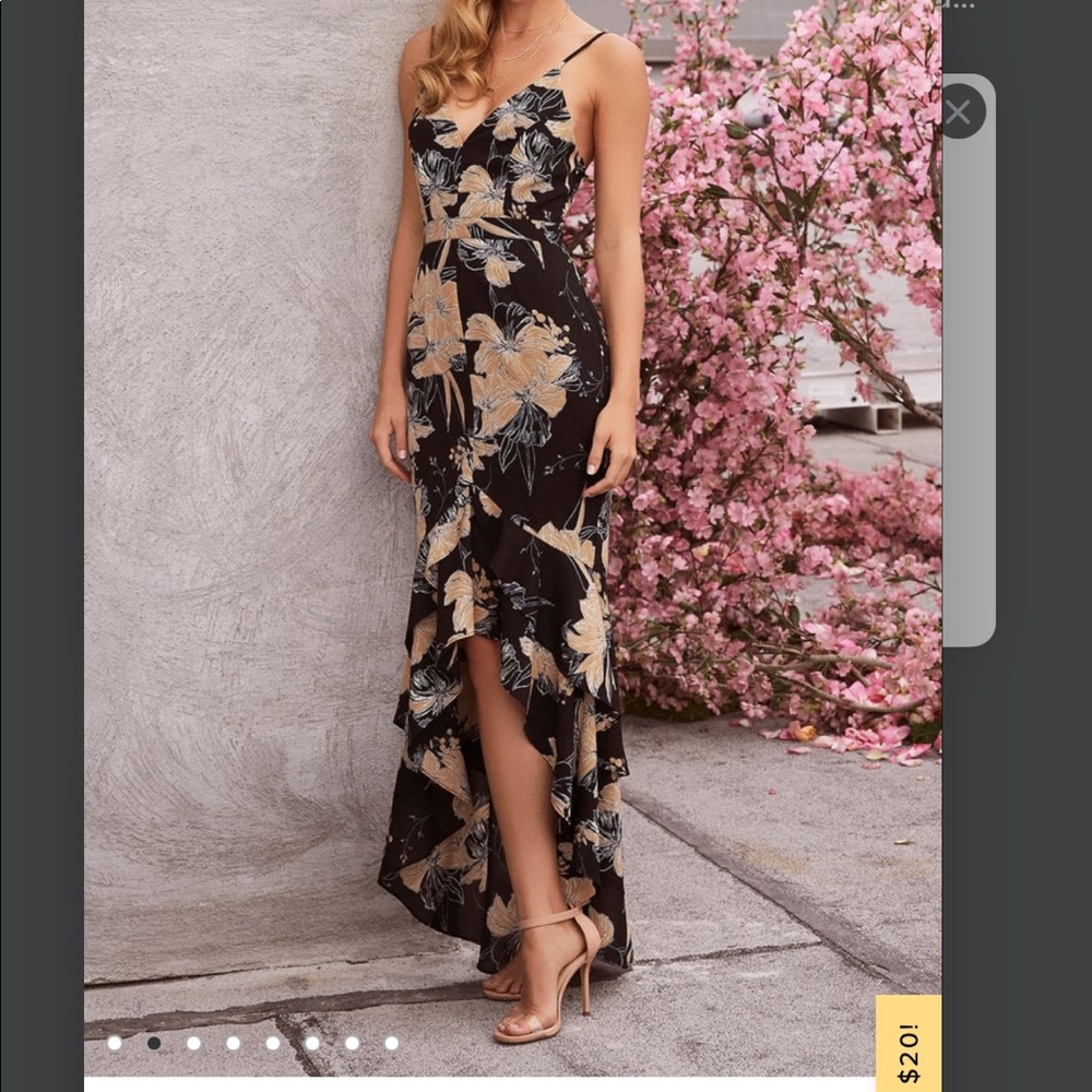 Lulus Darling Daylily Black Floral Print High-Low Maxi Dress, M